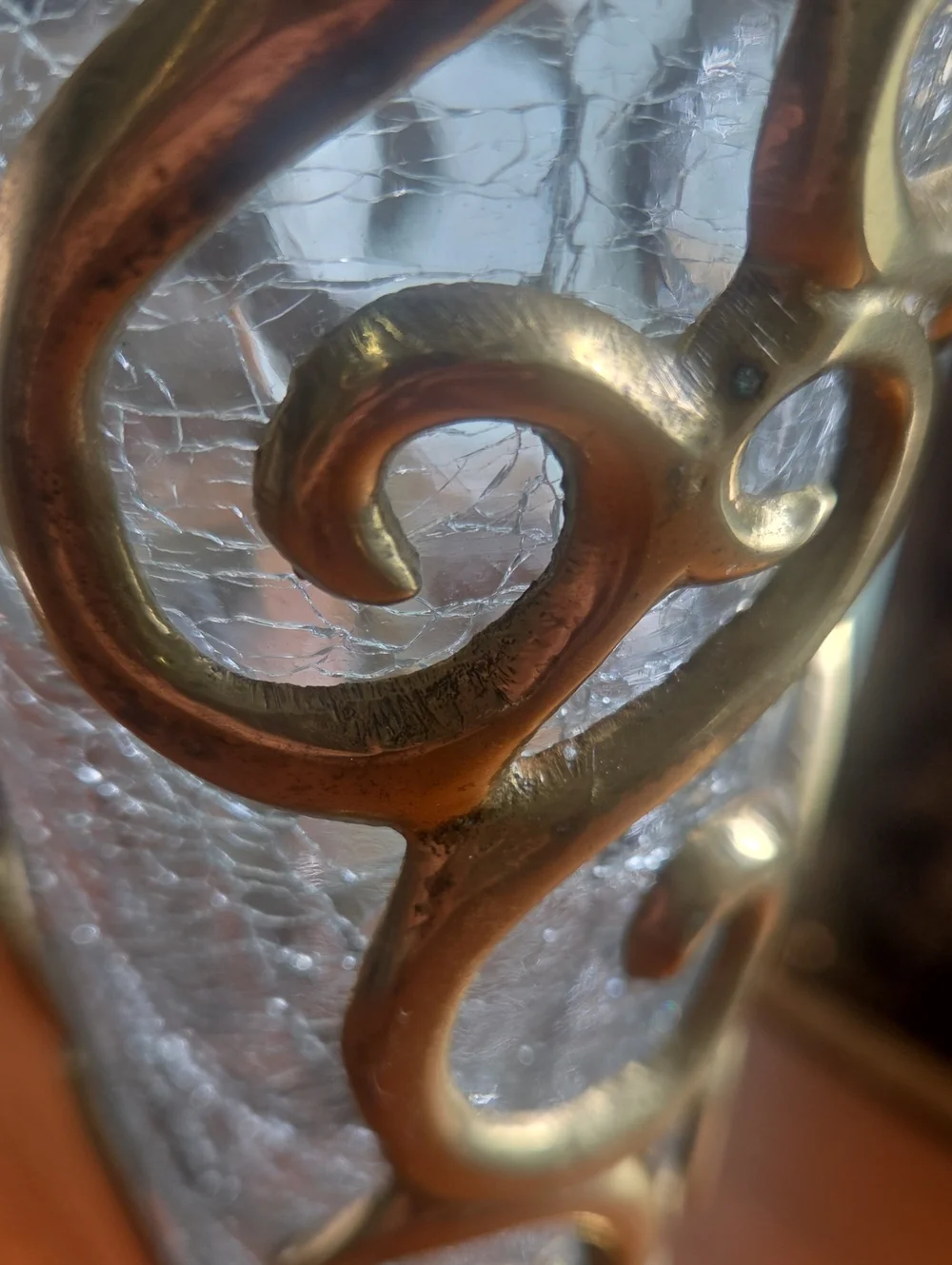 Vintsged 80s ,90s Decorative Crackle Glass Vase with Gold Metal Filigree